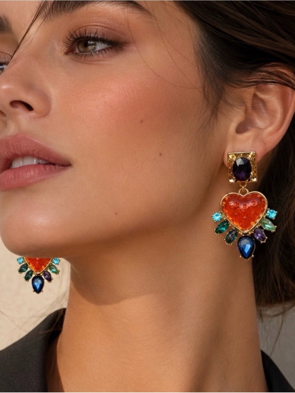 Anthropologie Gold Drop Earrings with Orange Heart and Multicolor Gems